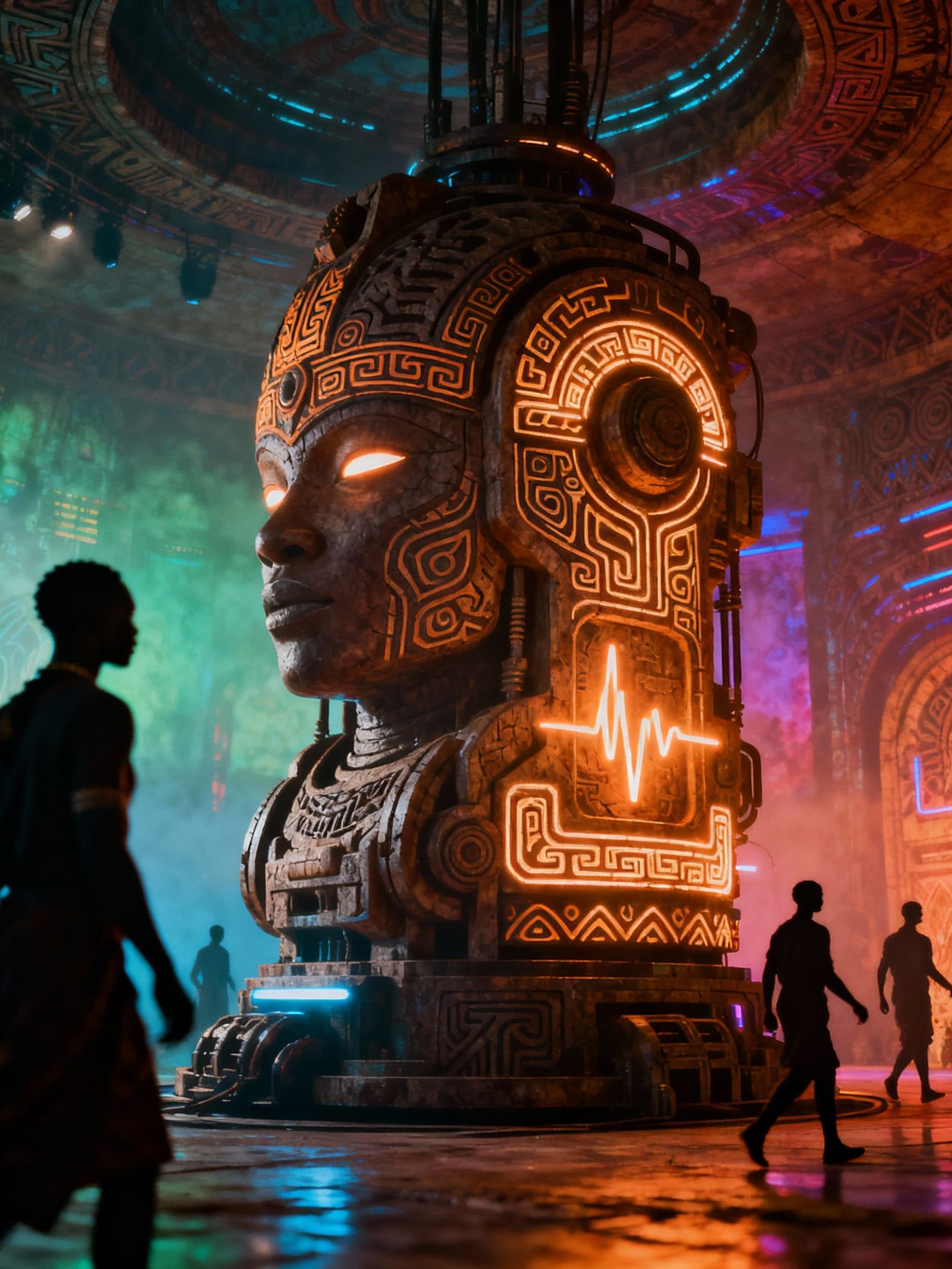 Afrofuturistic Chamber with Colossal Tribal Machine