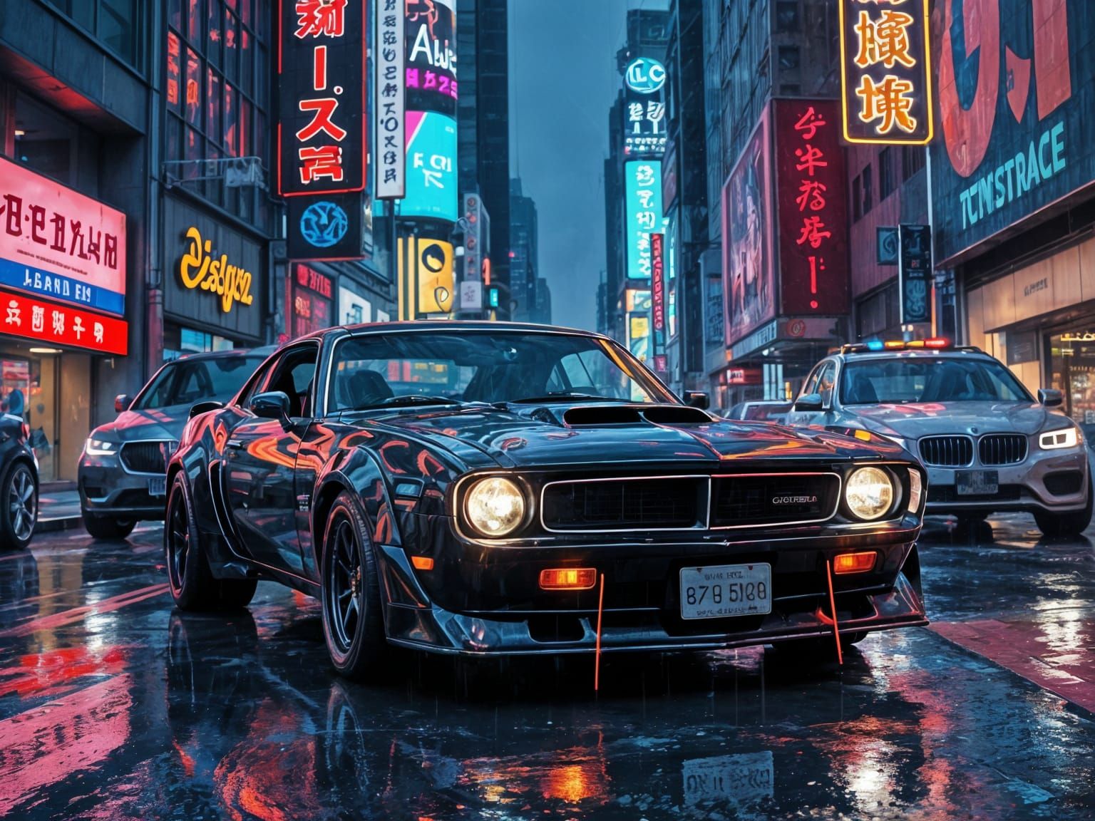 Cyberpunk Car in Rainy Neon Cityscape
