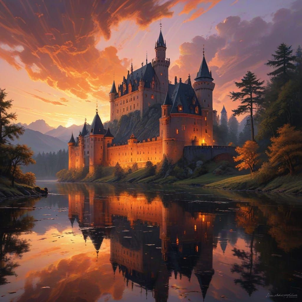 Majestic Bavarian Castle Illuminated at Golden Hour