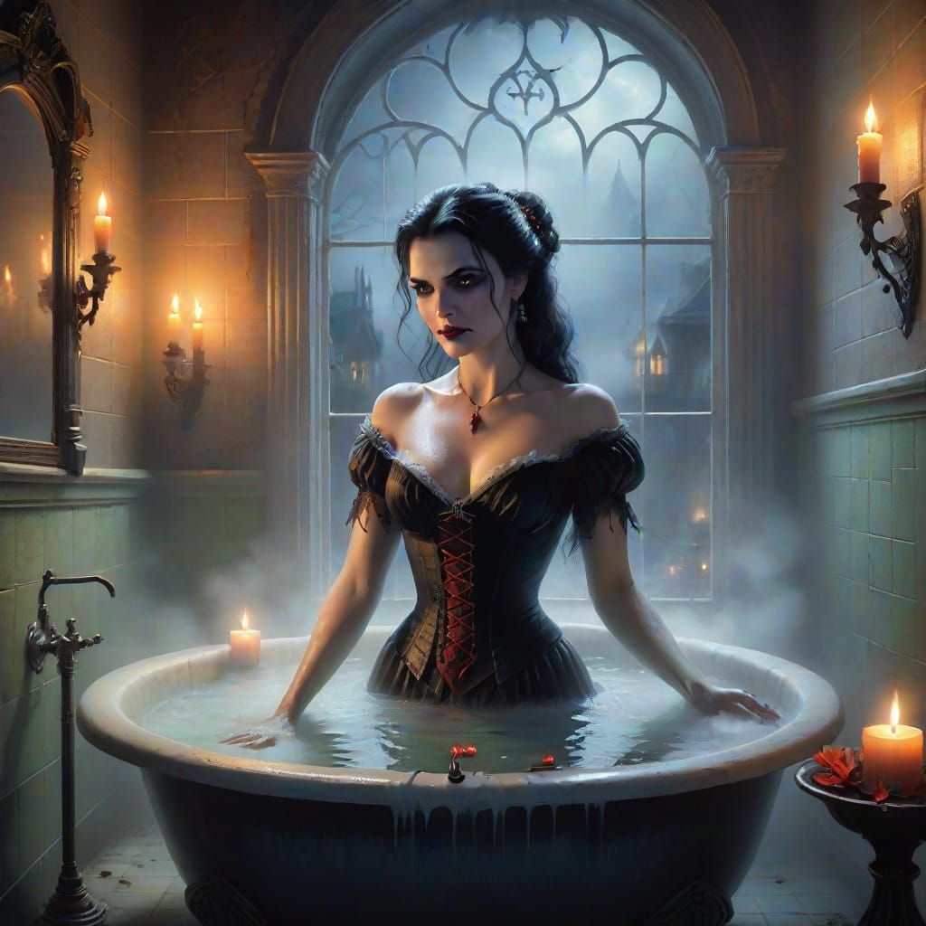 Ethereal Vampire in Candlelit Haunted House Bathroom