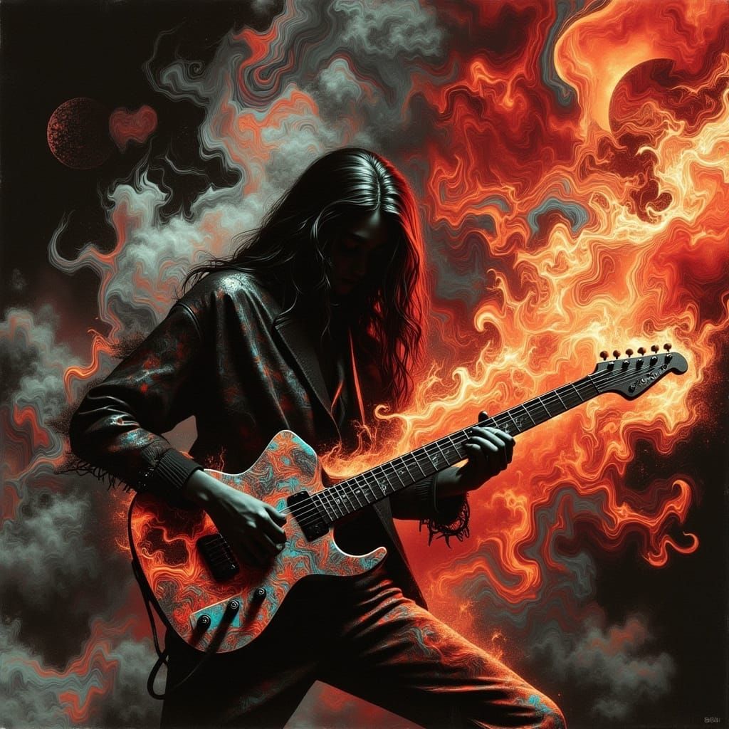 Electric Guitar Ablaze with Smoke and Fire