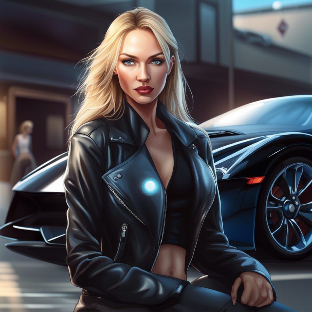 Hyperrealistic Woman in Leather Jacket Posing by Supercar