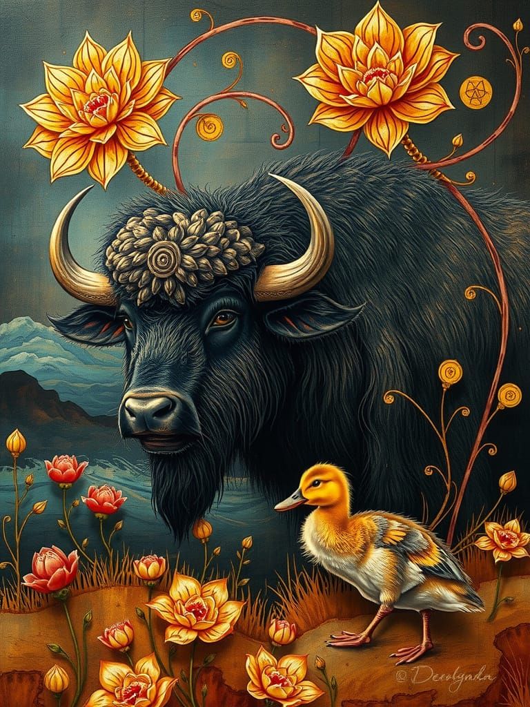 Buffalo and Duckling in Surreal Kintsugi Dreamscape