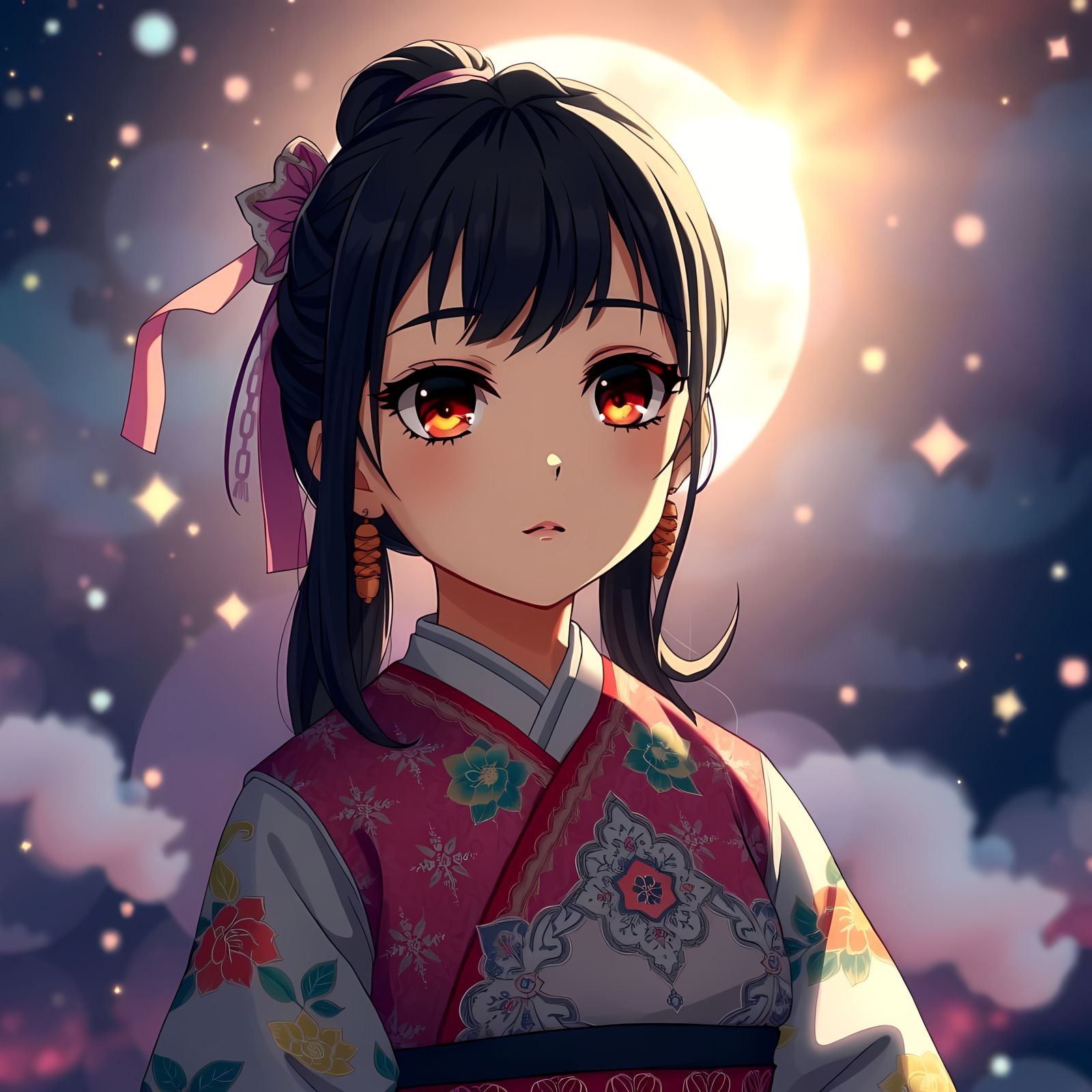 Mysterious Anime Girl in Ghibli-Inspired Cosmical Landscape