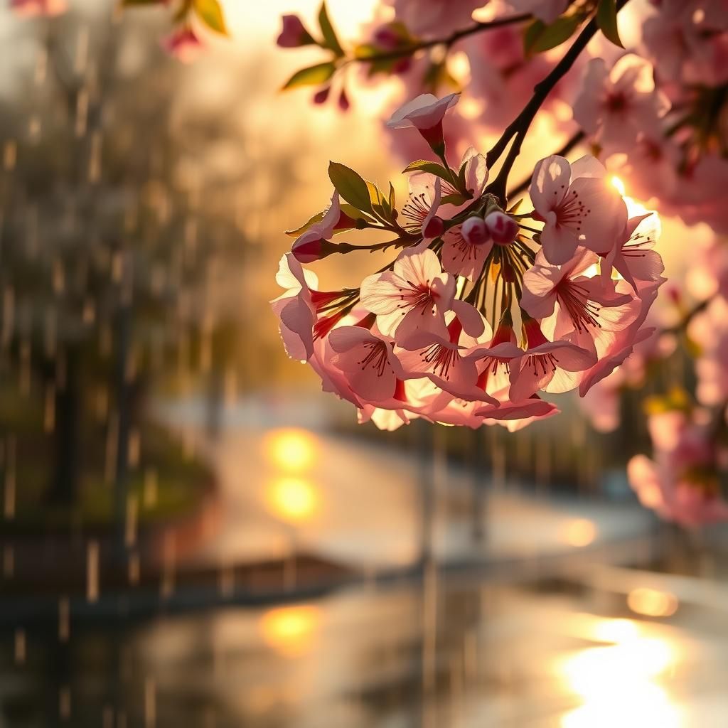 Cherry Blossoms in Rain at Golden Hour