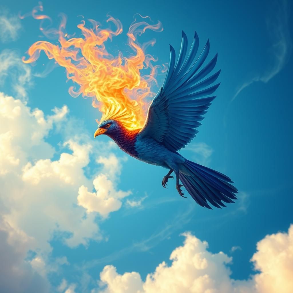 Iridescent Blue Fire Bird Soaring in Dreamlike Sky