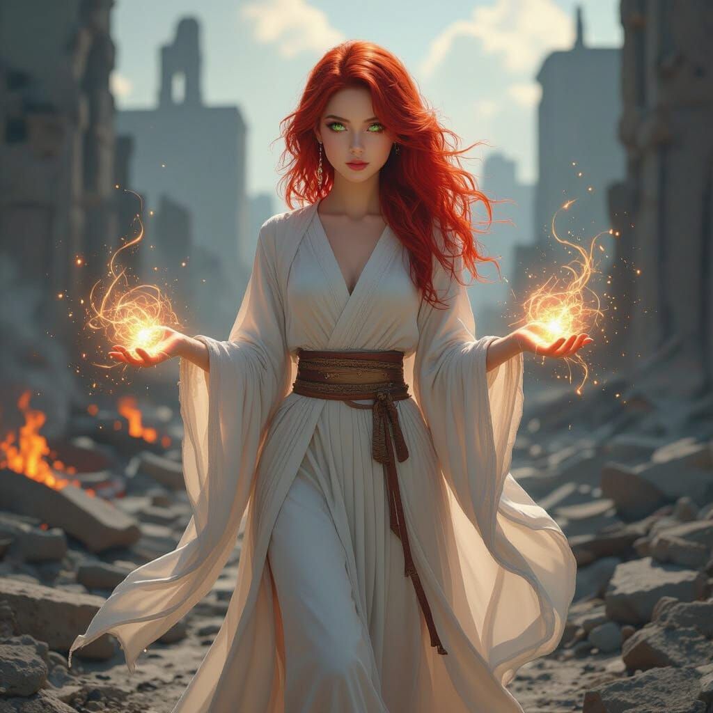 Ethereal Empathy: Radiant Woman in Ruined City