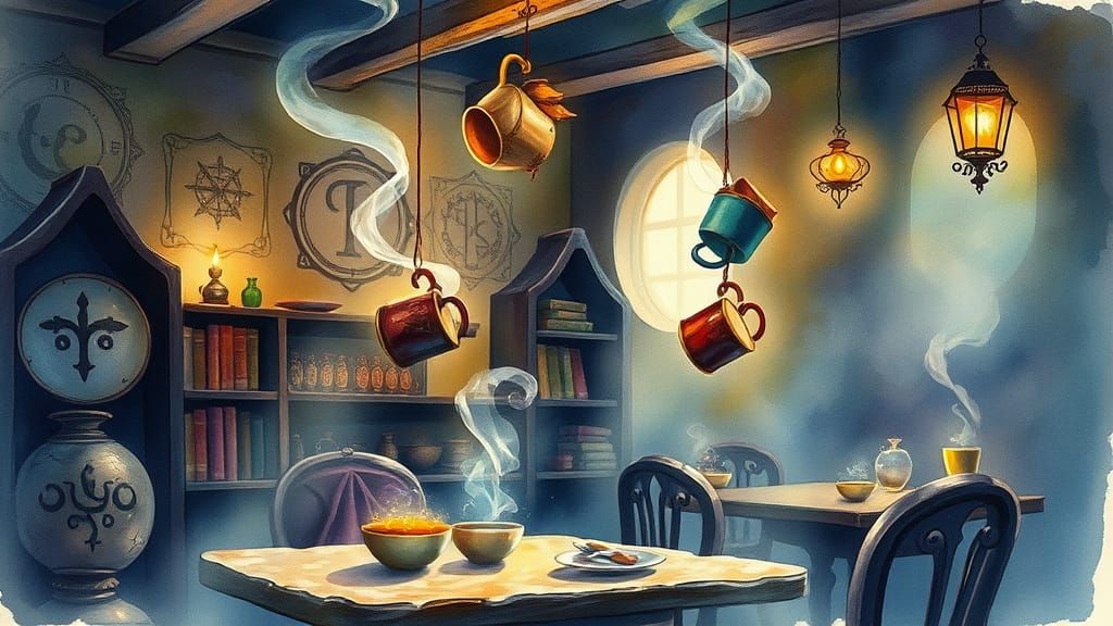 Mystical Cafe with Levitating Mugs and Runes
