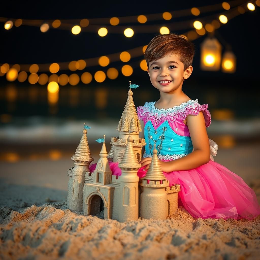 Boy in Princess Dress Builds Sandcastle at Night