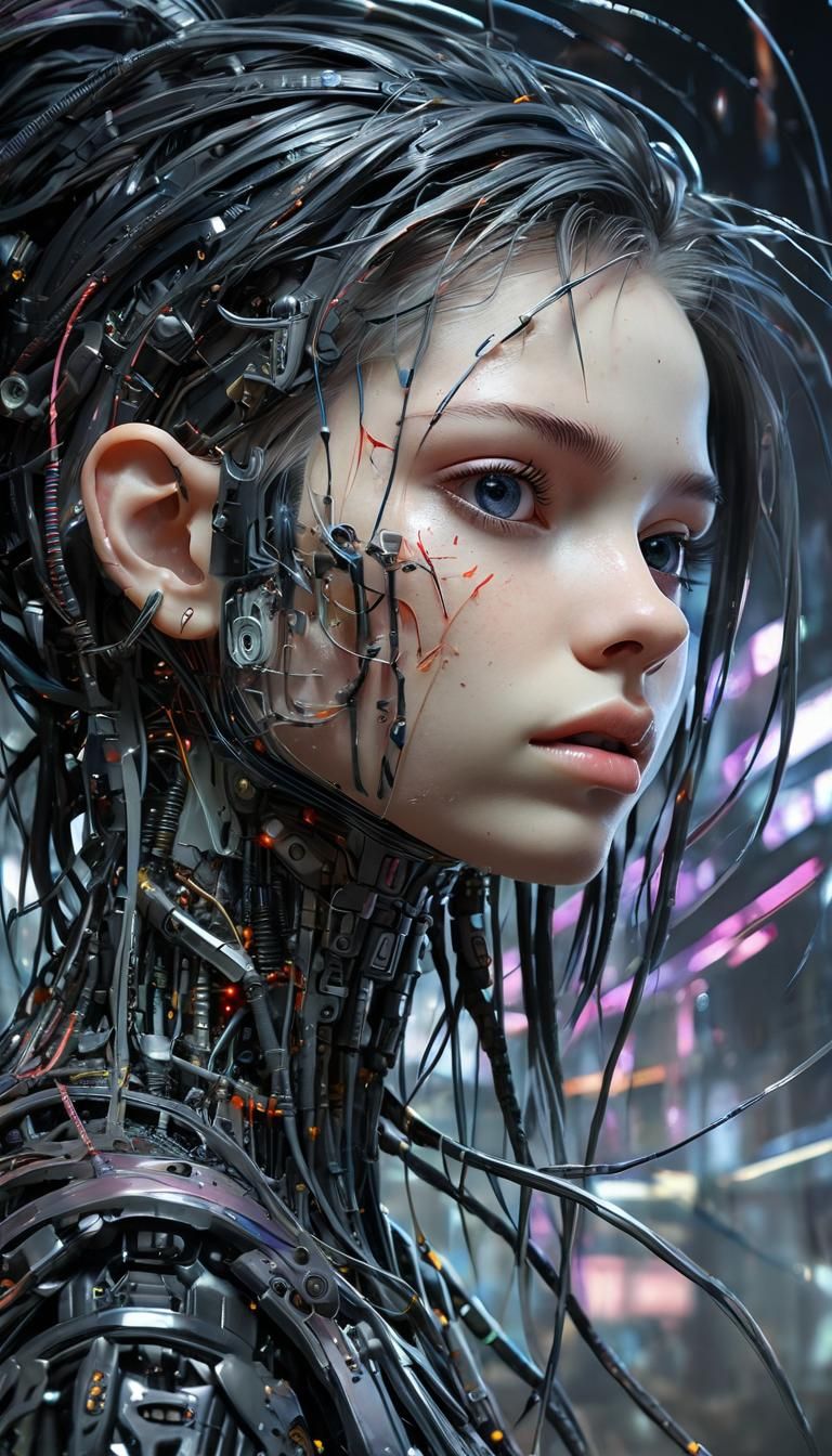 Surreal Cyberpunk Village Scene in Anime Style