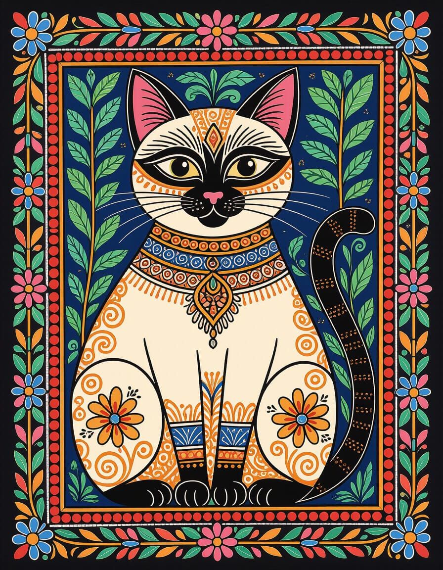 Madhubani Painting of a Beautiful Siamese Cat