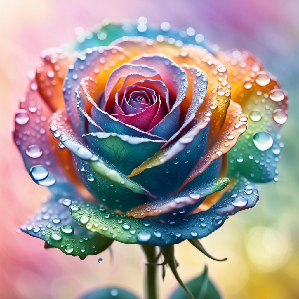 Rainbow Glass Rose in Dewy Garden: Oil Painting