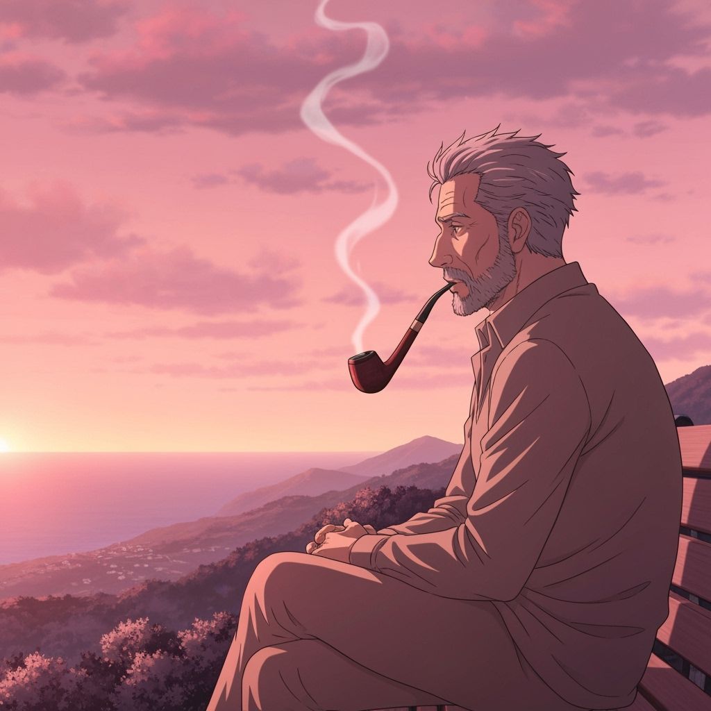 Italian Man Gazing at Sunset Hills in Studio Ghibli Style