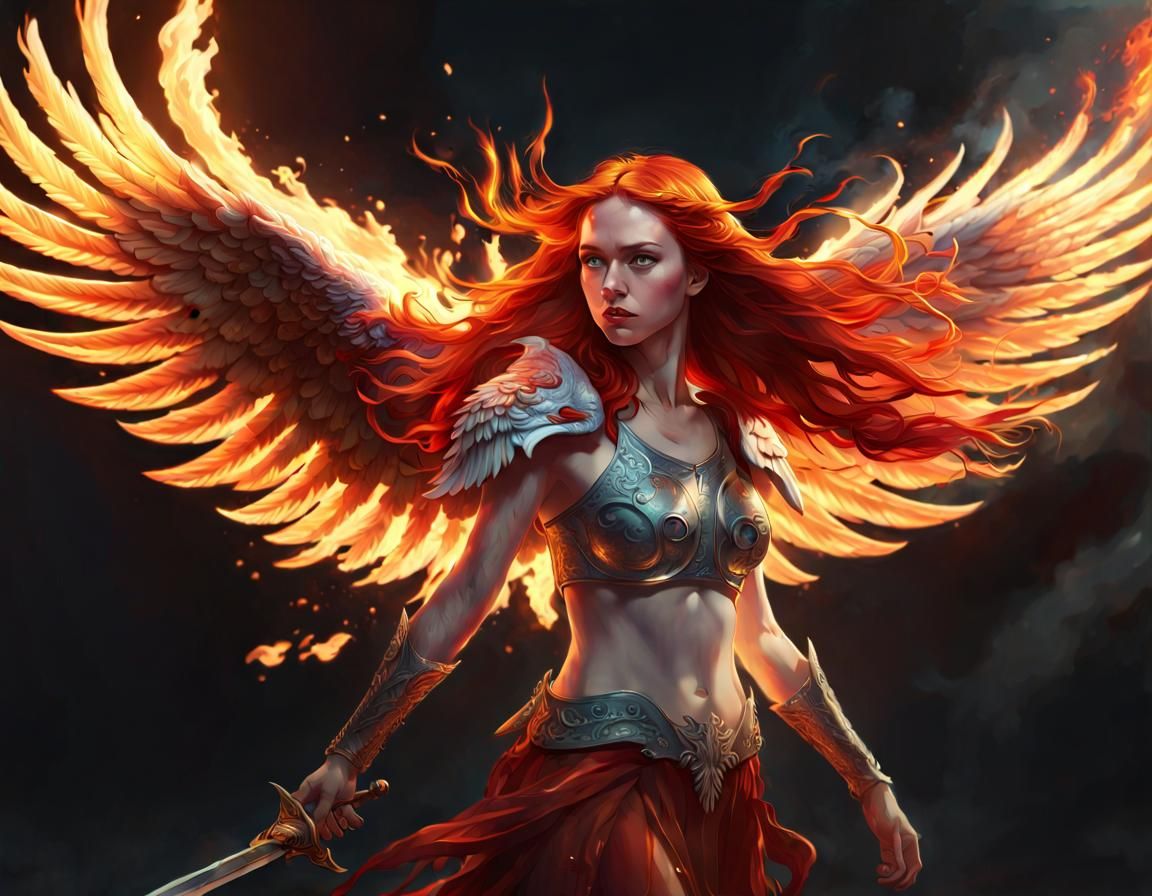 Girl with Phoenix Wings and Sword, Fantasy Art