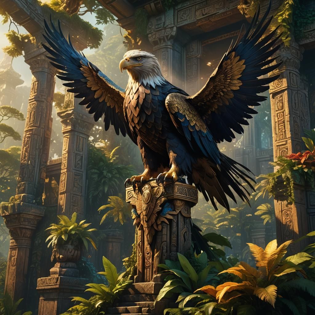 Eagle Deity Perched Atop Mystical Temple