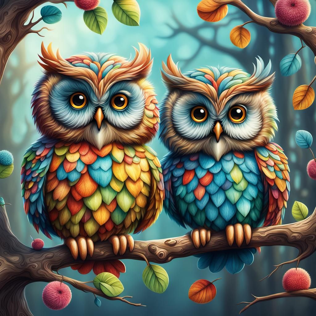 Colorful Fluffy Owls on Branch: Storybook Illustration