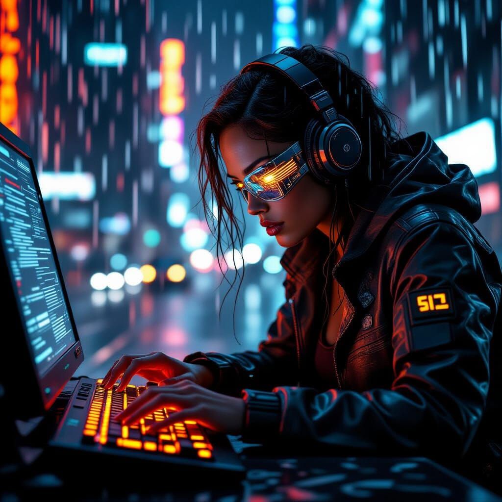 Female Hacker Breaching Firewall in Cyberpunk Style