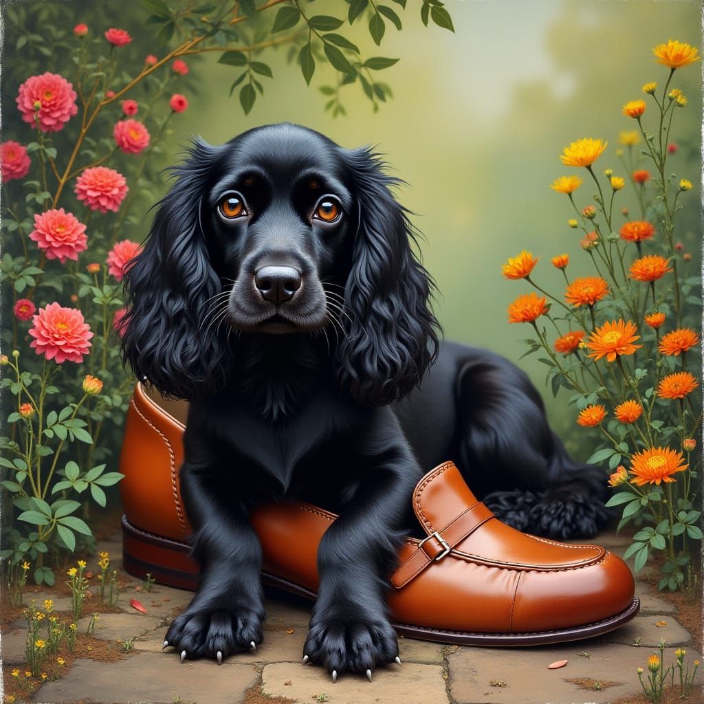 Gentle Black Cocker Spaniel at Ease in a Brown Shoe in a Vib...