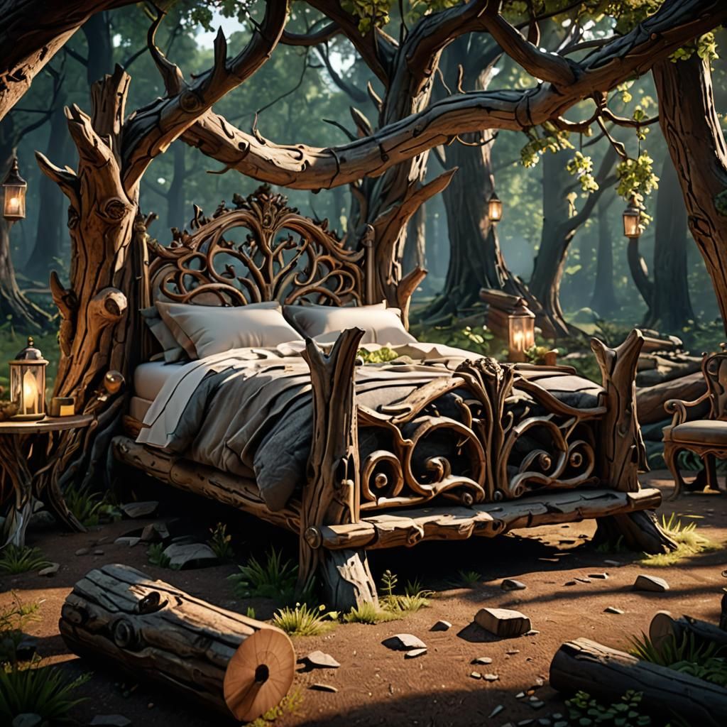 Ornate Log Bed with Dynamic Lighting in Unreal Engine 5