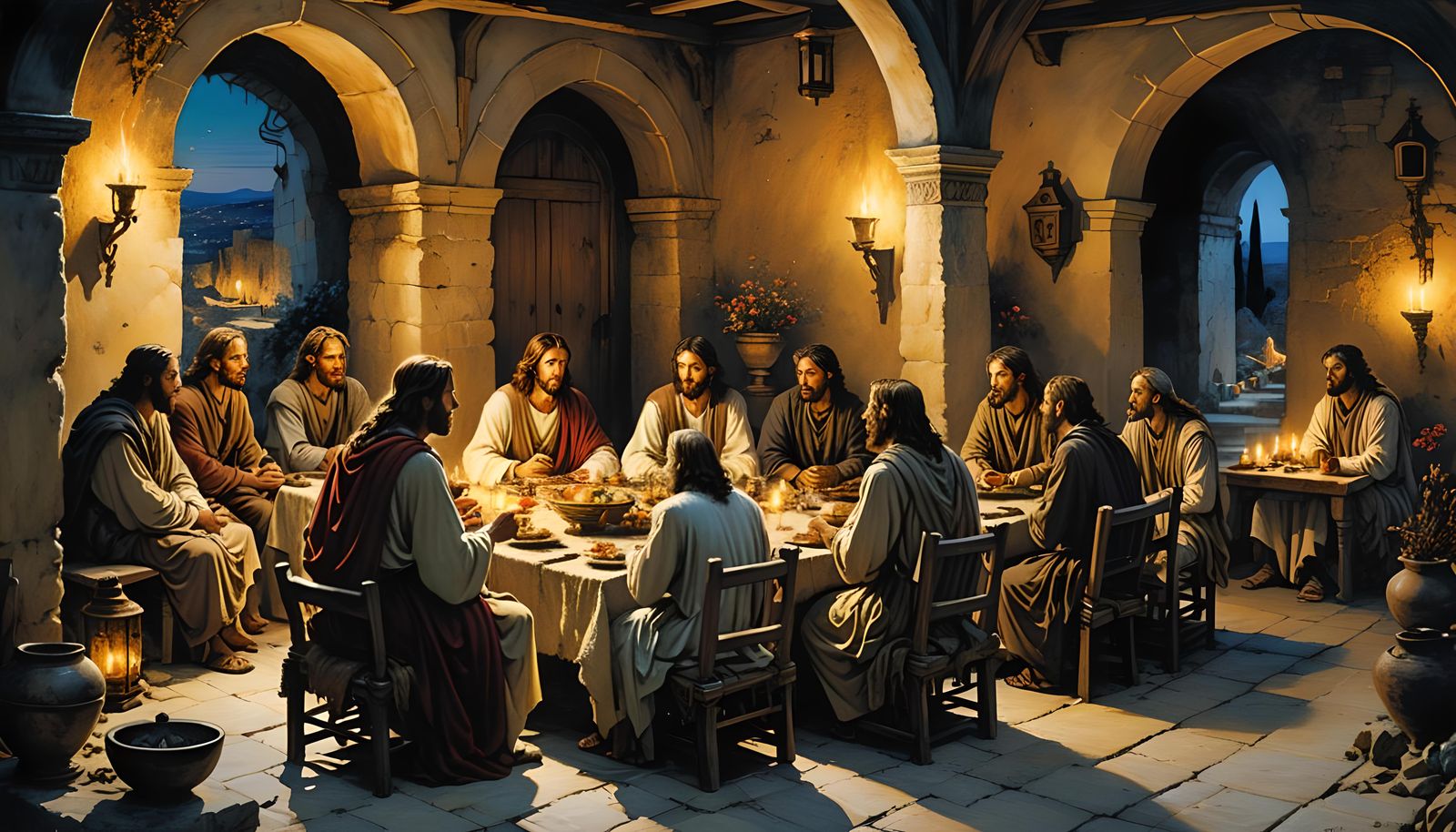 Jesus sitting and eating while teaching to his disciples.