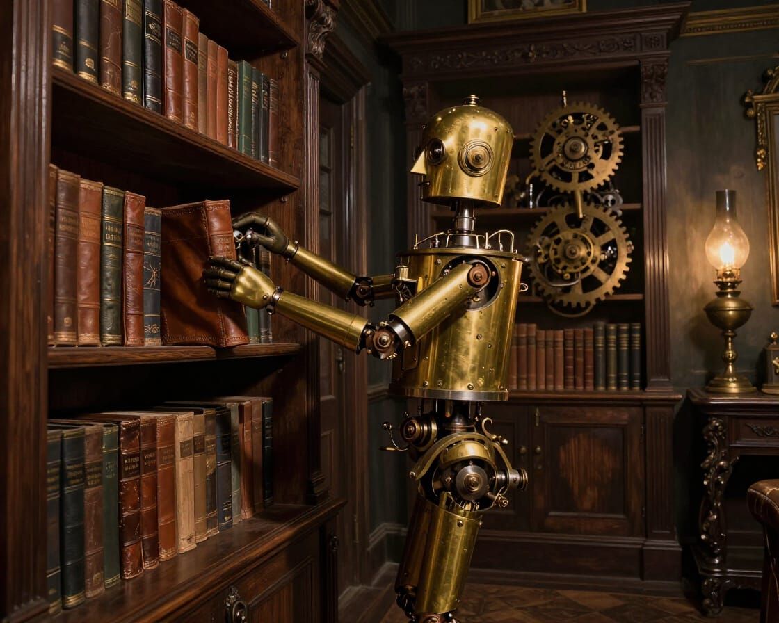 Steampunk Butler Arranges Books in Victorian Study