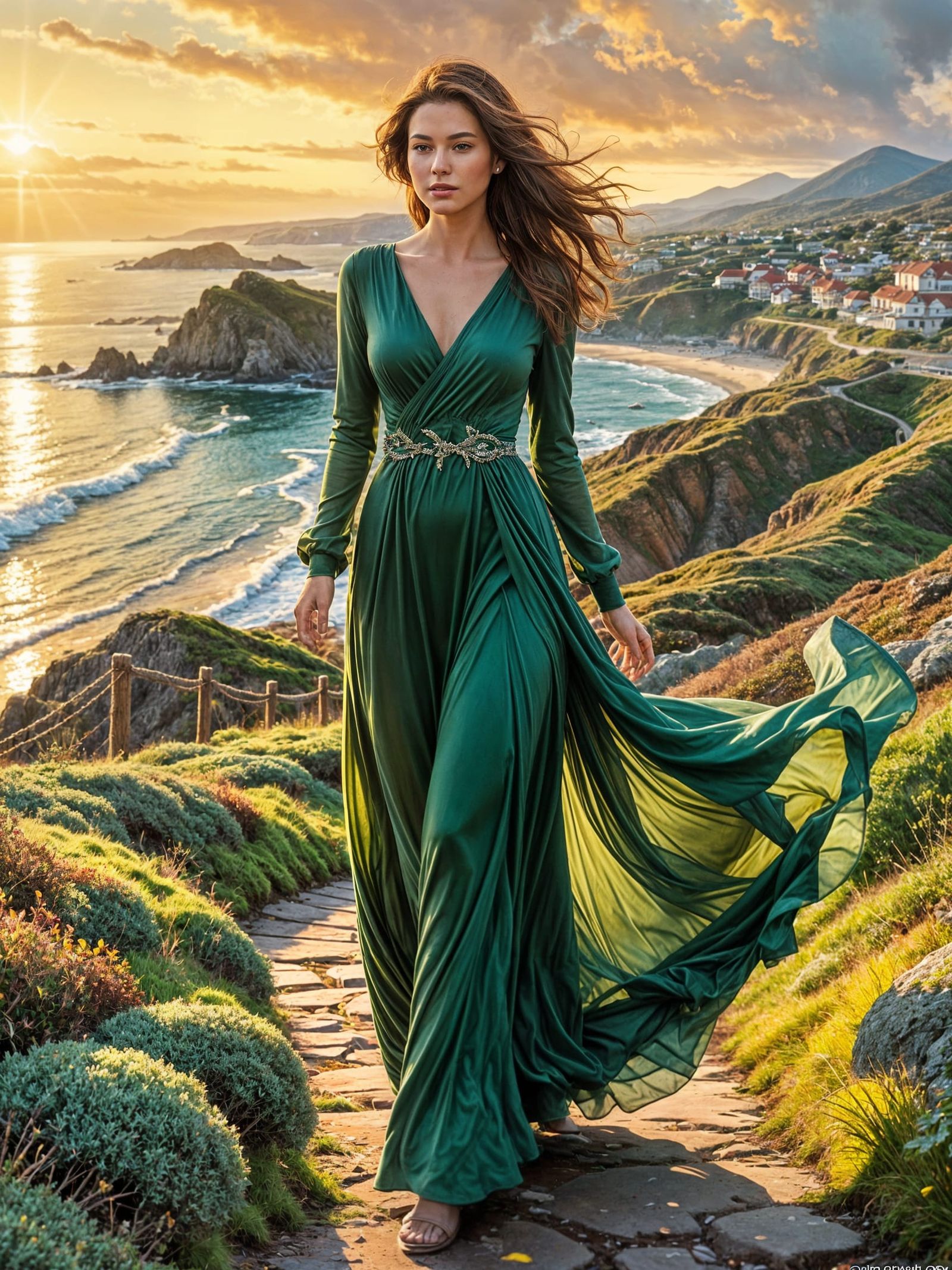 Ethereal Watercolor Portrait of a Woman in Coastal Landscape