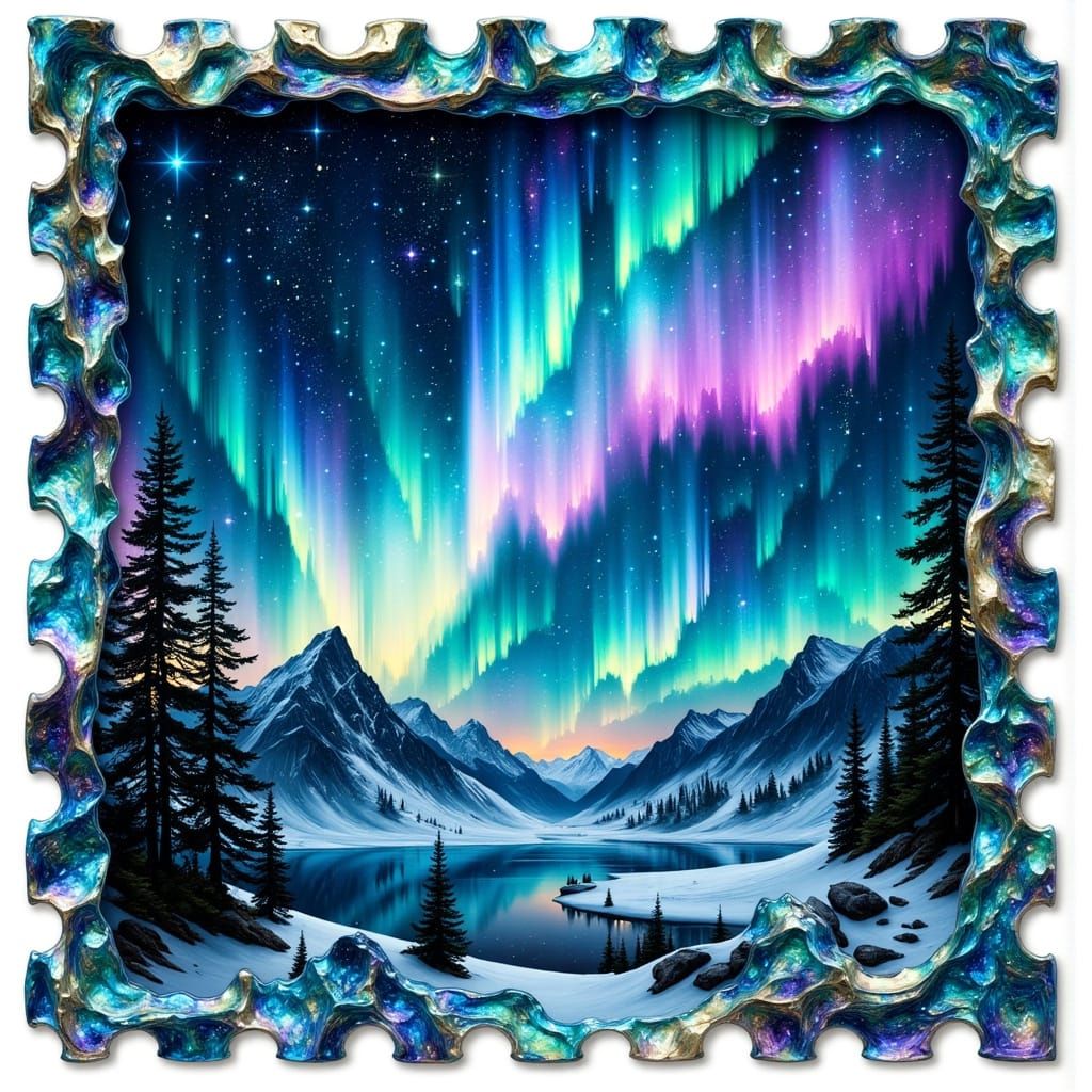 Holographic Northern Lights Postage Stamp in Abstract Style