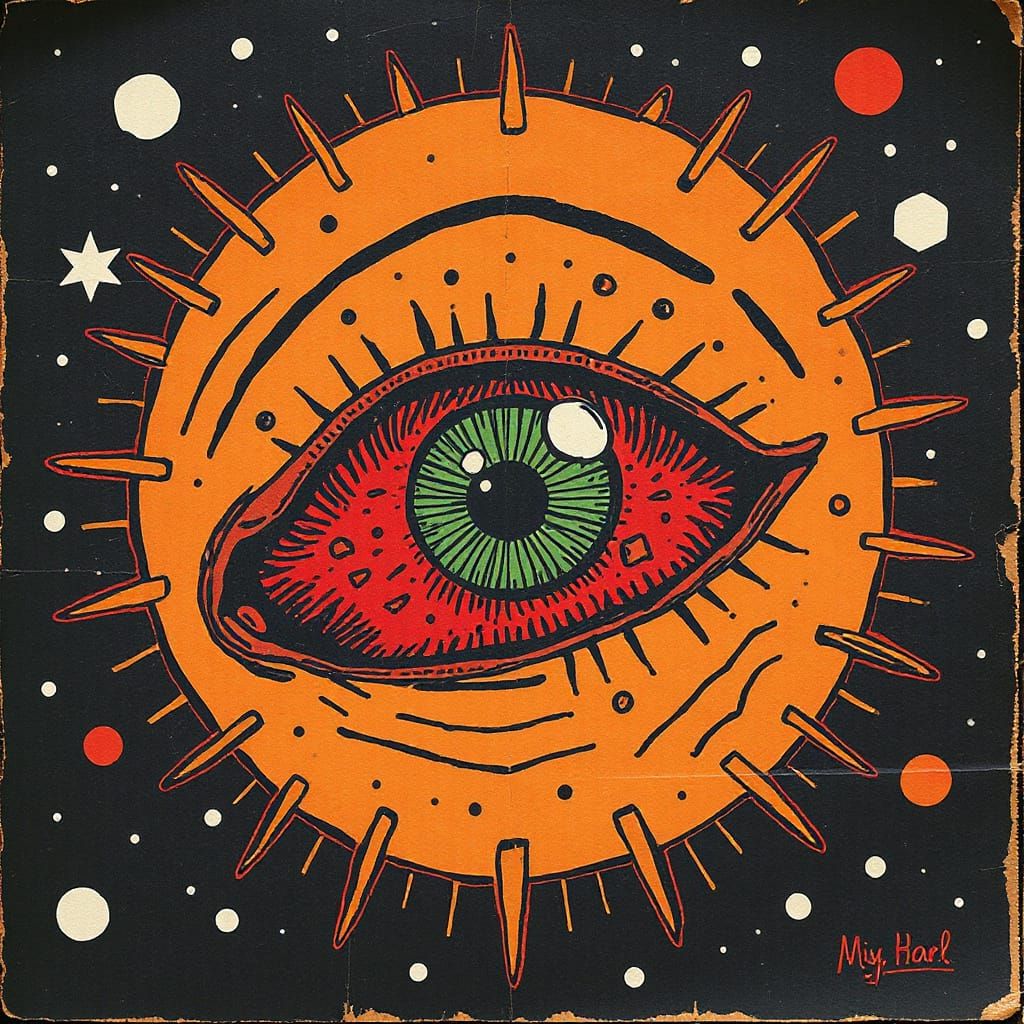 Gritty Vintage Eyeball Alien in Cosmic Hell
