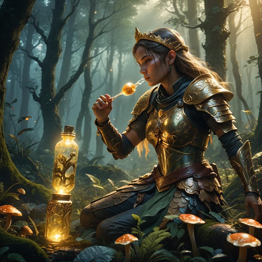 Warrior Consumes Magical Potion in Misty Forest