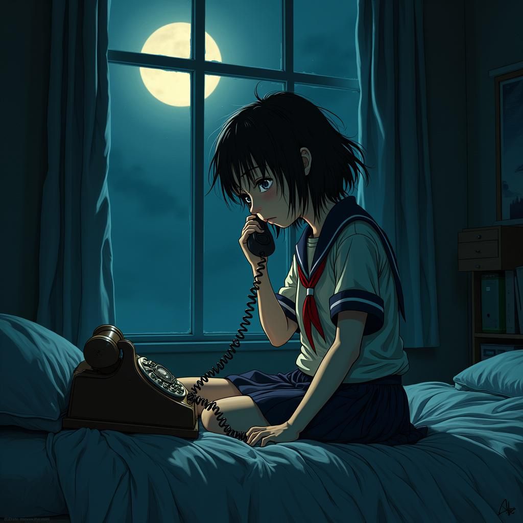 Mysterious Phone Call in Junji Ito Manga Style