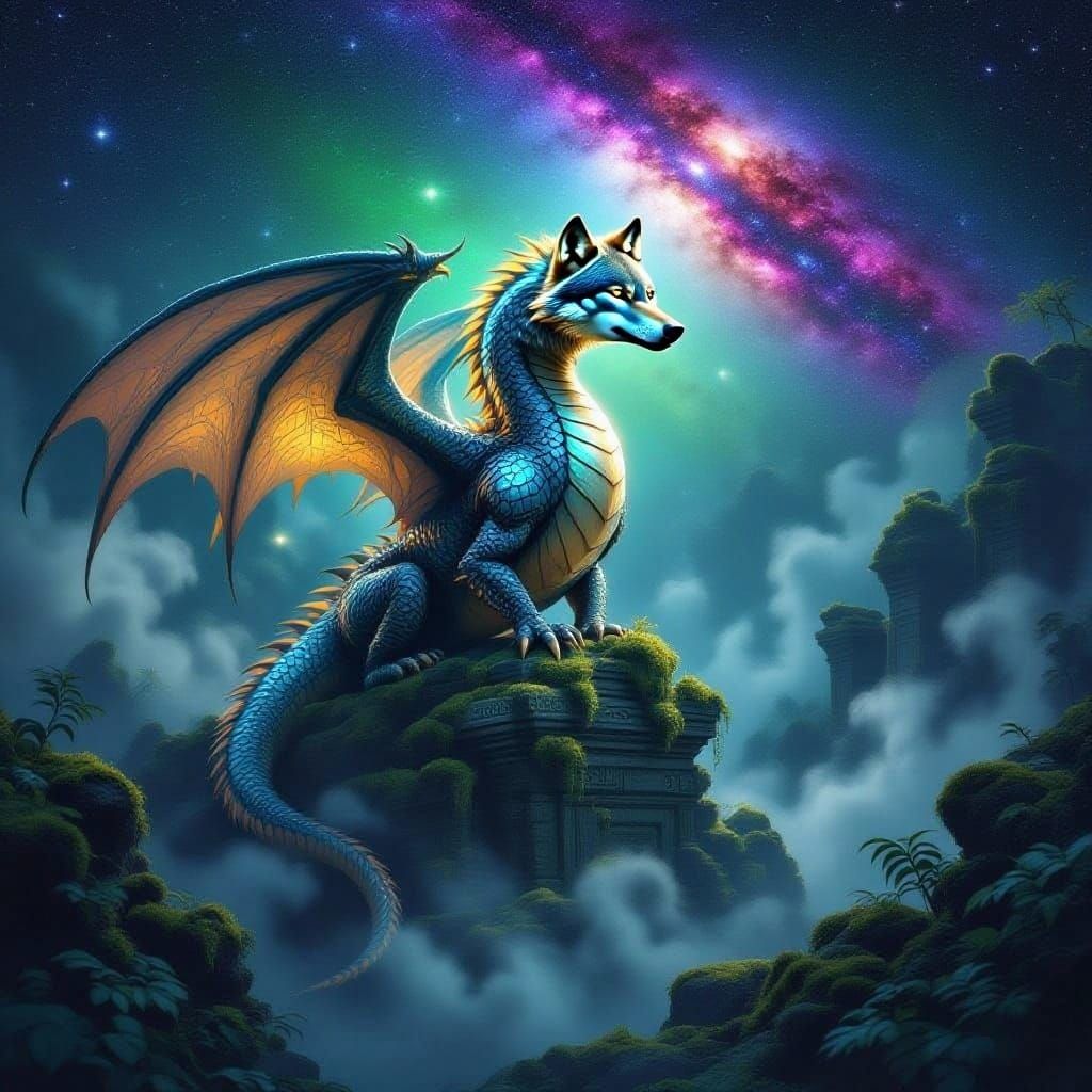 Lone Wolf on Alien Citadel Edge Under Cosmic Sky