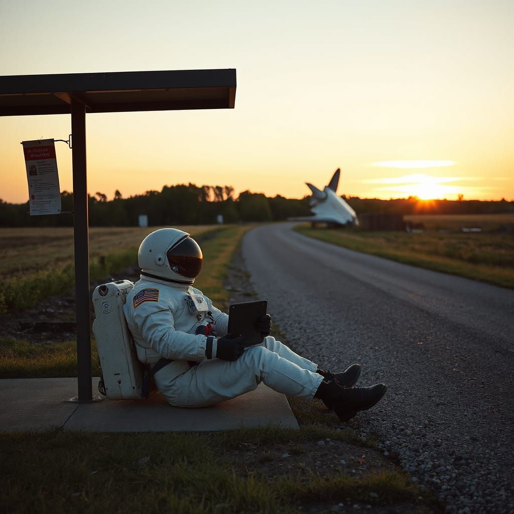 Astronaut Waits for Bus Amidst Space Shuttle Crash Site at S...
