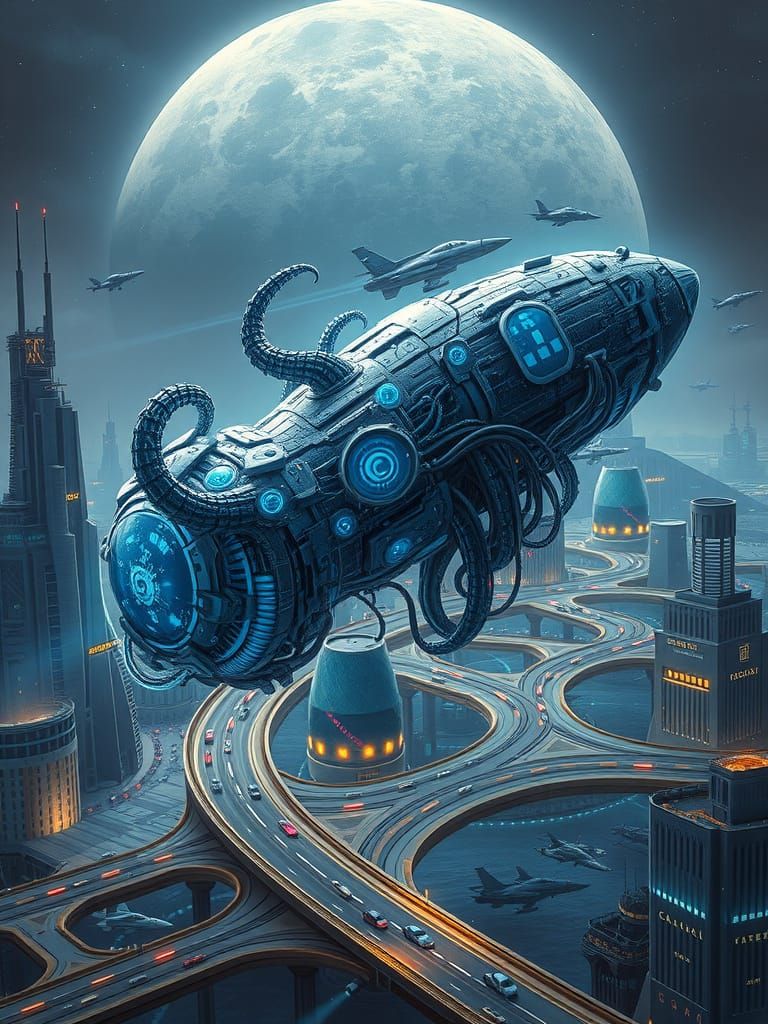 Biomorphic Spaceship Landing in Futuristic City