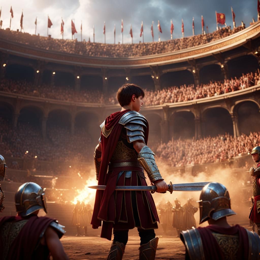 Boy with Roman Sword in Arena: Detailed Matte Painting