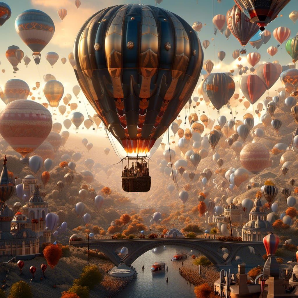 Futuristic Sci-Fi Scene with Hot Air Balloons