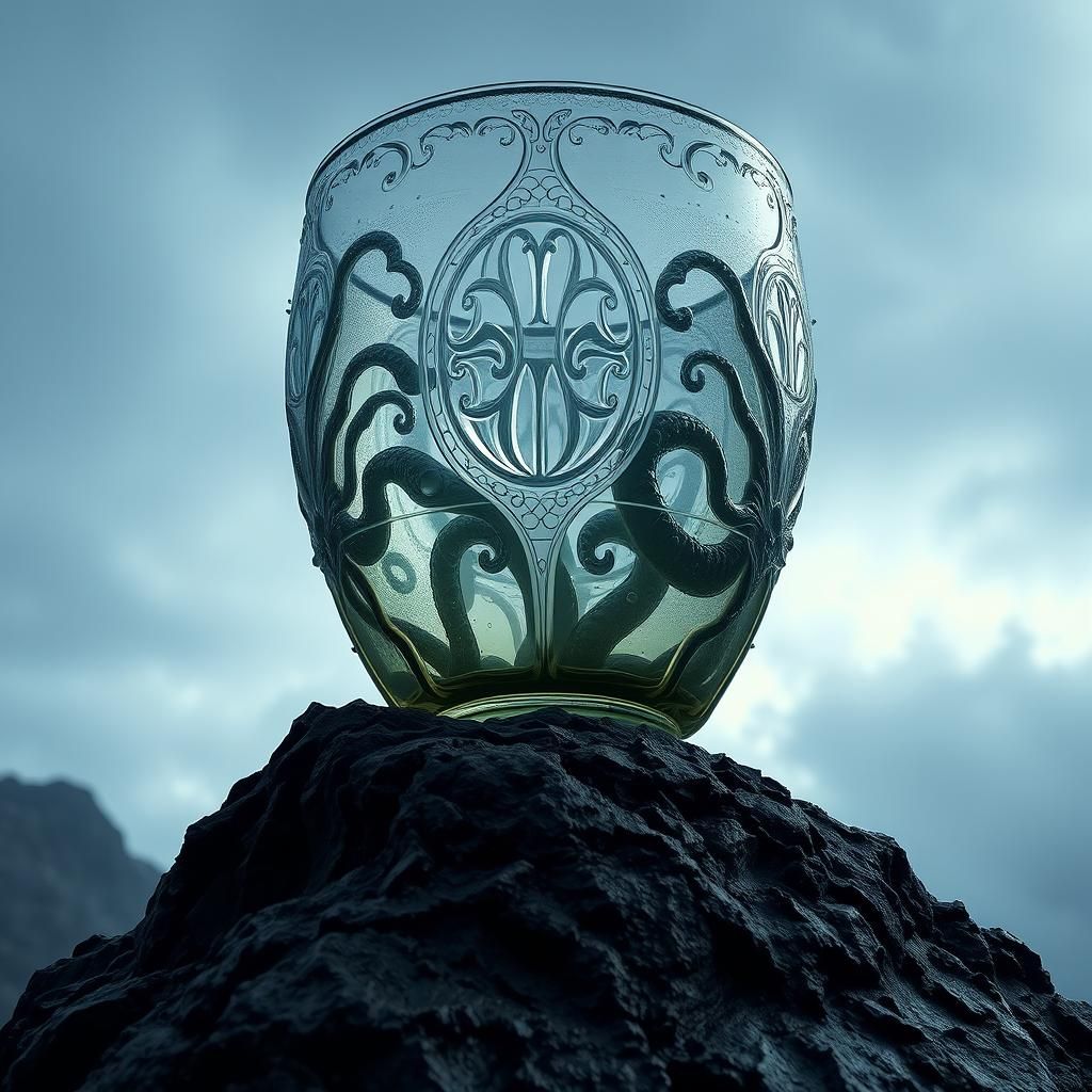 Cthulhu-Inspired Glass Vase on Rocky Outcrop