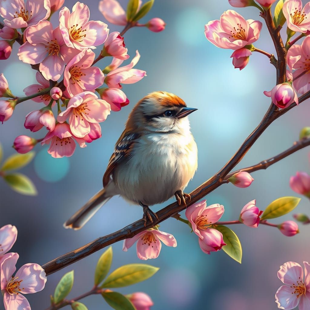 Sparrow in Iridescent Blossoms: Art Nouveau Style