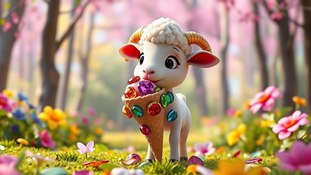 Lamb Enjoys Gemstone Ice Cream: Pixar Art
