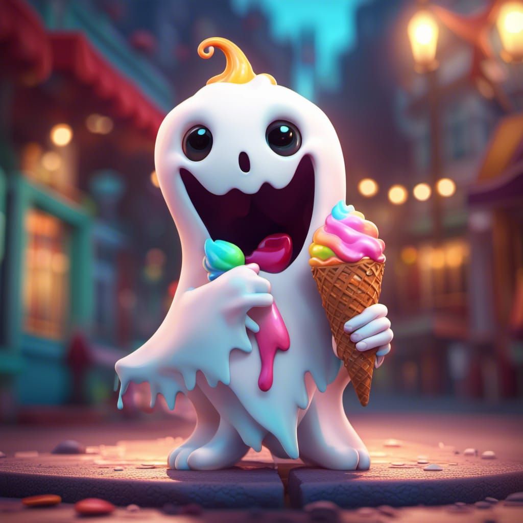 Adorable Cartoon Ghost Enjoys Ice Cream