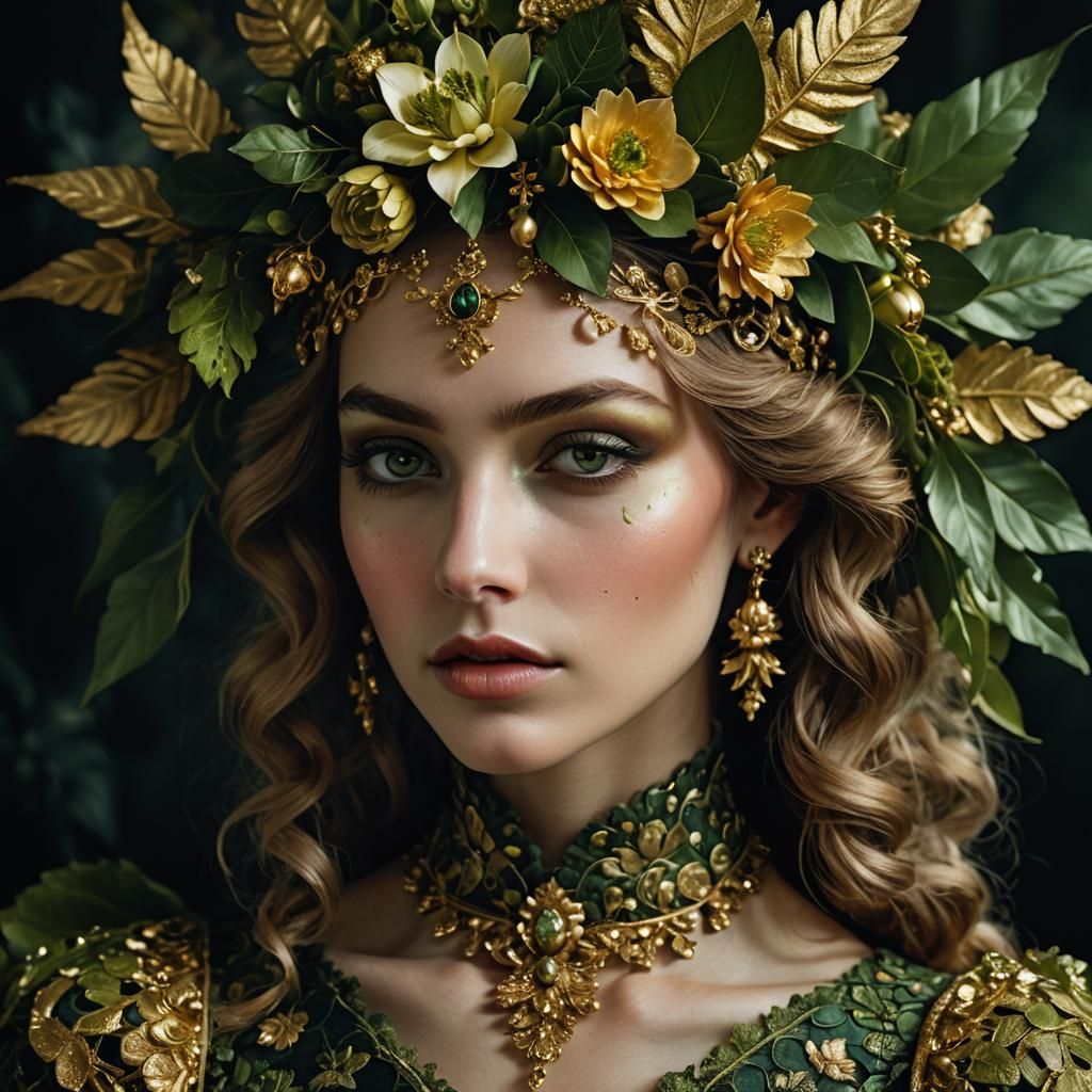 Baroque Fashion: Woman with Intricate Nature Decorations