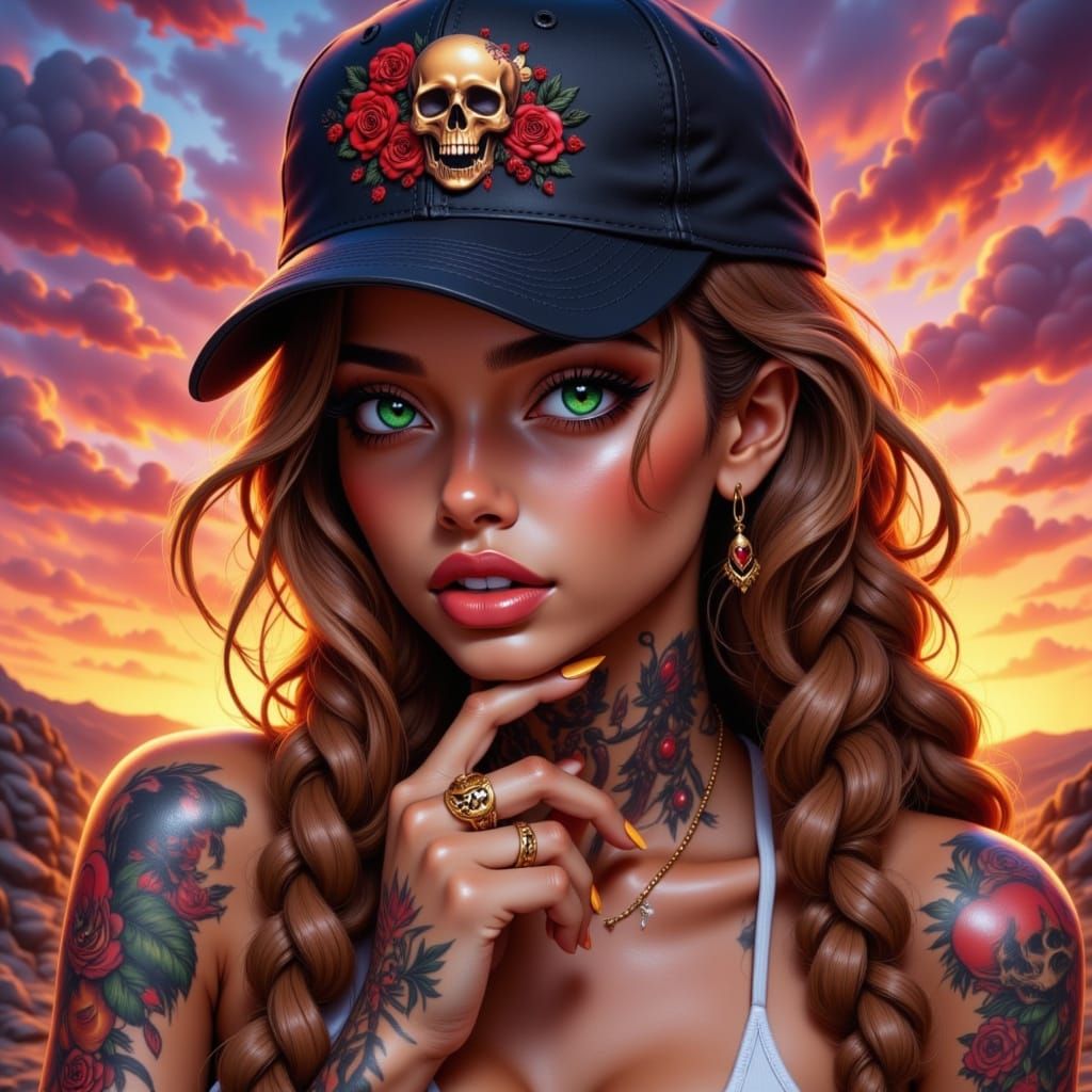 Portrait of Woman with Skull Tattoos & Gold Rings