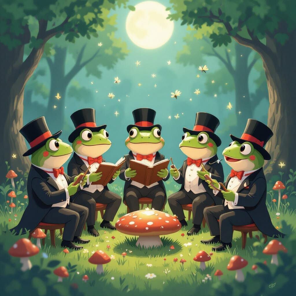 Cartoon Frogs' Moonlight Symphony in Ghibli Style