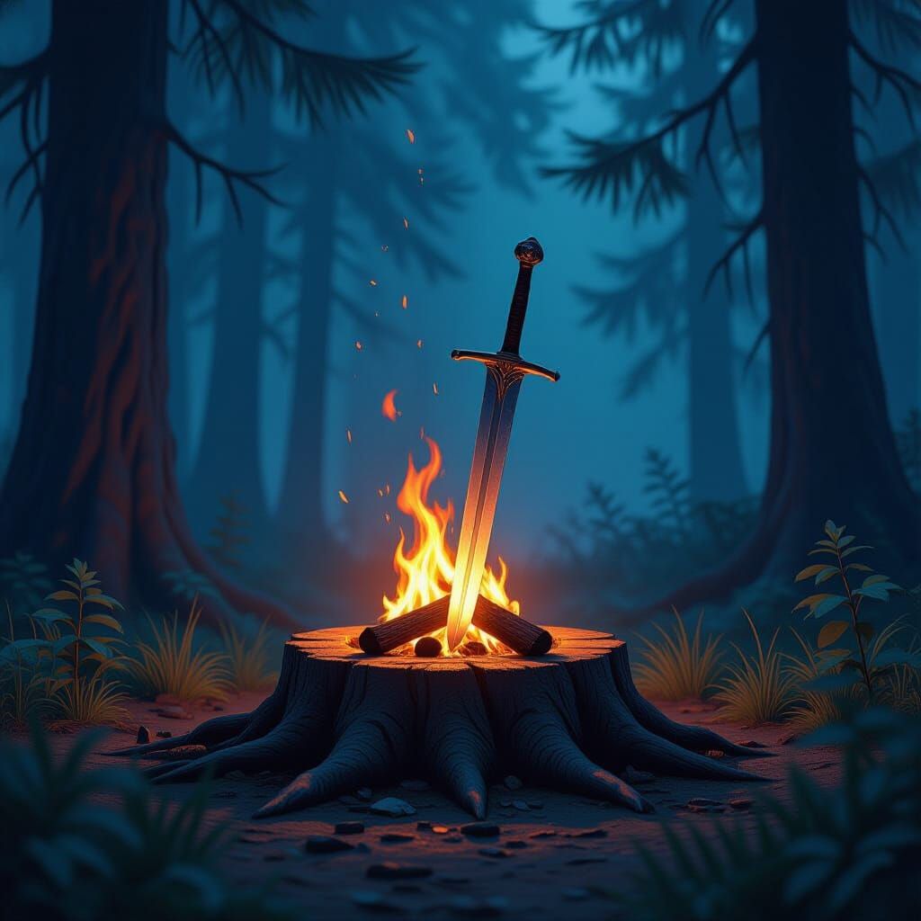 Mystical Forest Campfire with Gleaming Sword