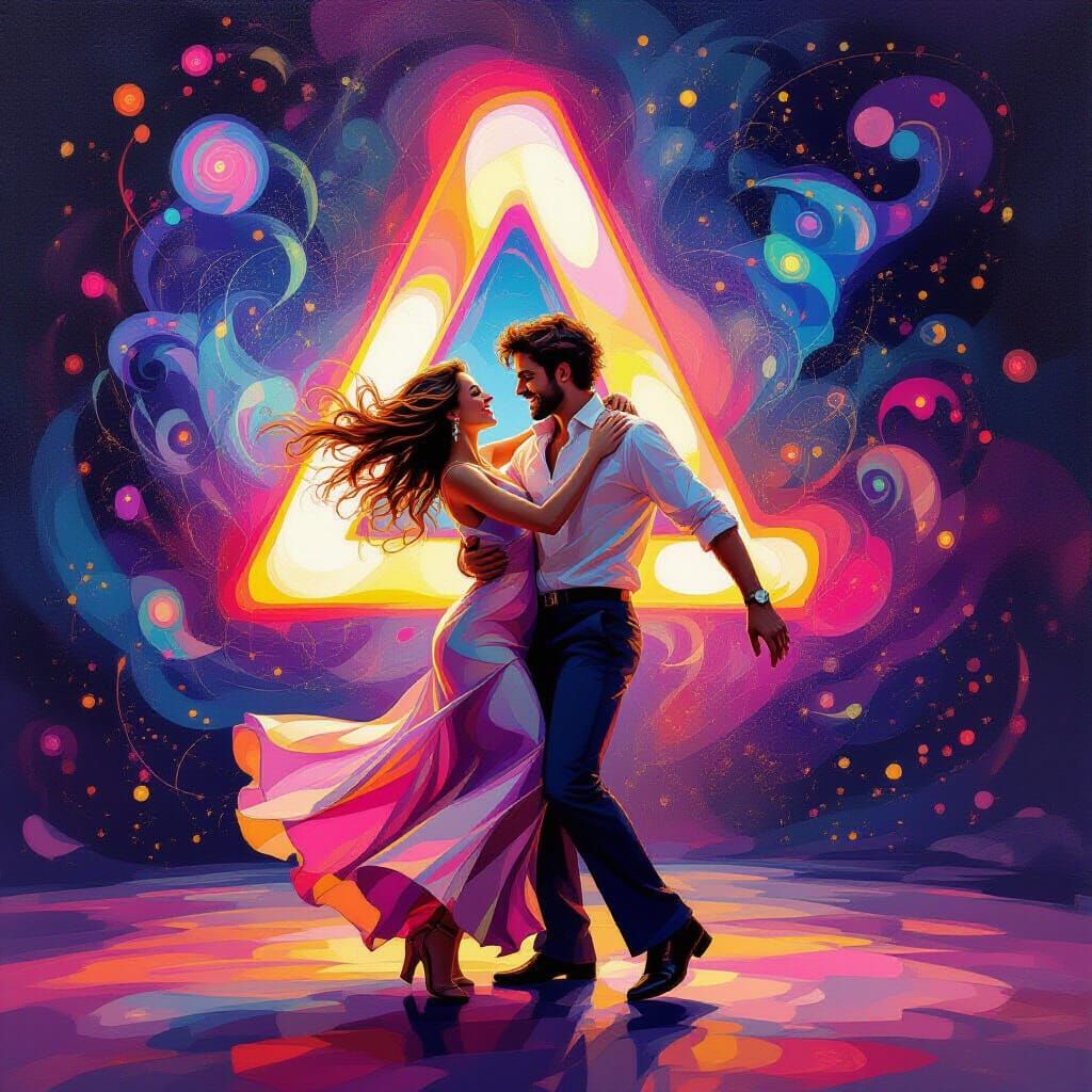 Joyful Couple Dancing Under Luminous Lambda Symbol