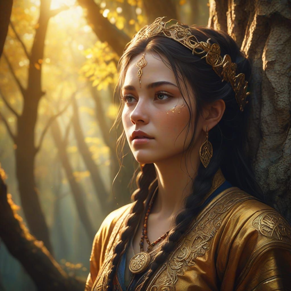 Mystical Forest Figure in Traditional Oil Painting Style