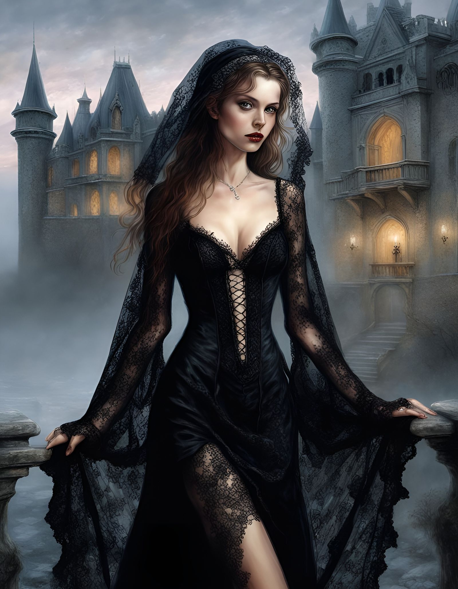 Freckled Vampire Princess in Castle at Dawn