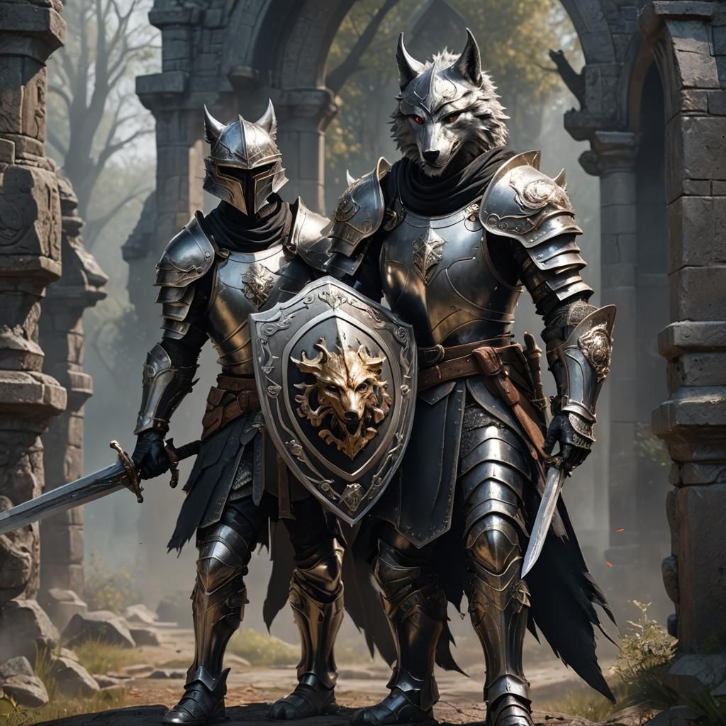 Wolf Knight in Black Armor with Sword and Shield