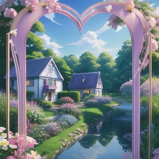 Cottage Garden in Heart Frame: Anime Style