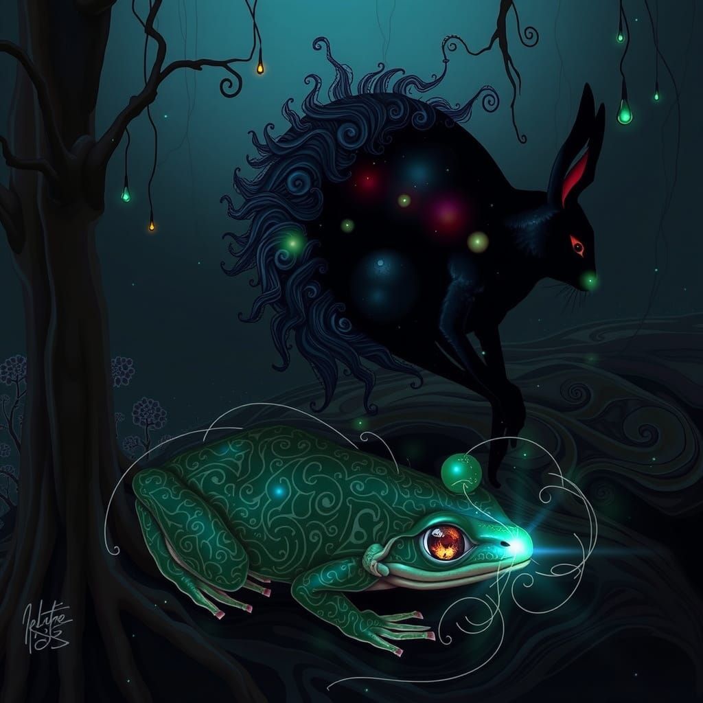 Dreamlike Fusion of Frog and Rabbit in Iridescent, Psychedel...