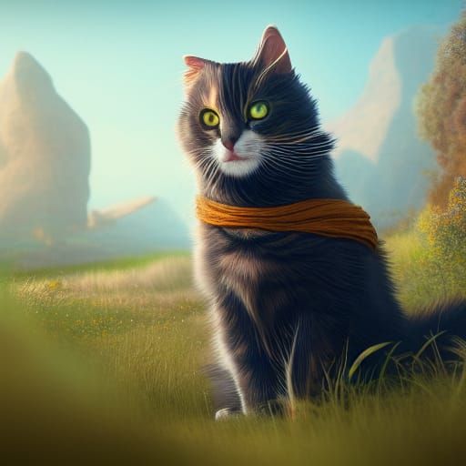 Calico Cat in Field: Detailed Fantasy Art